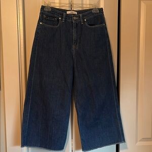 Blue Flare Wide Leg Jeans with Raw Hem